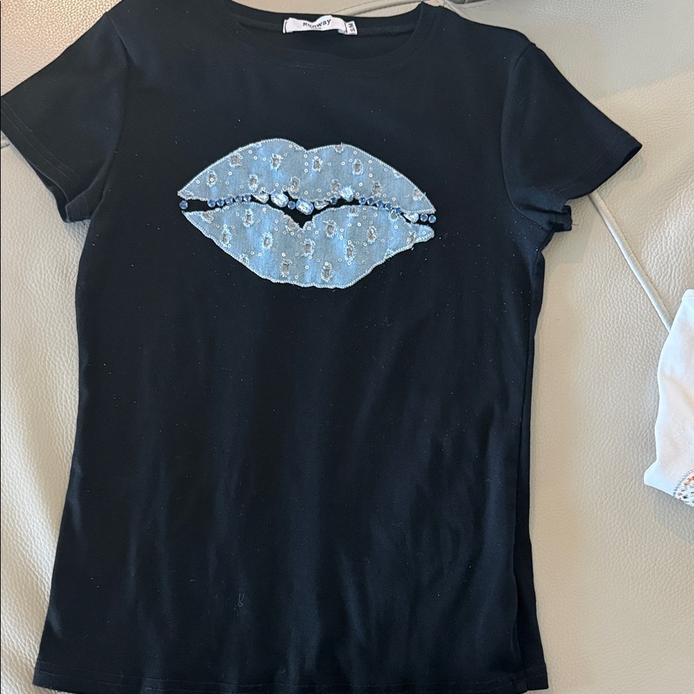Black T-Shirt with Blue Lip Design